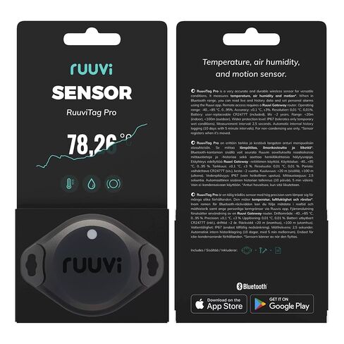RuuviTag Pro 3in1 درجة حرارة بلوتوث لاسلكية (درجة مئوية/درجة فهرنهايت)، ورطوبة الهواء ومستشعر الحركة. التنبيهات والتاريخ. تطبيقات أندرويد/iOS مجانية. يتكامل مع Victron، Homey، وHome Assistant. صنع في أوروبا. in Kuwait