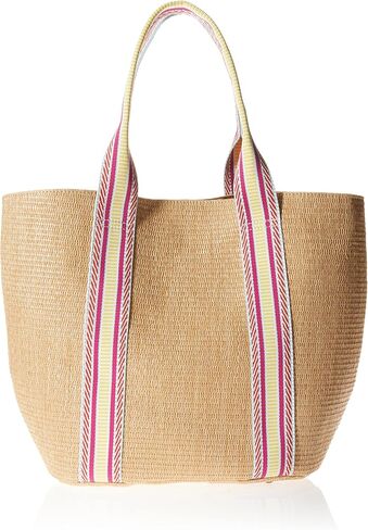 The Drop Women's Tracy Large Canvas Detail Straw Tote, Natural Straw/Denim, One Size in Kuwait