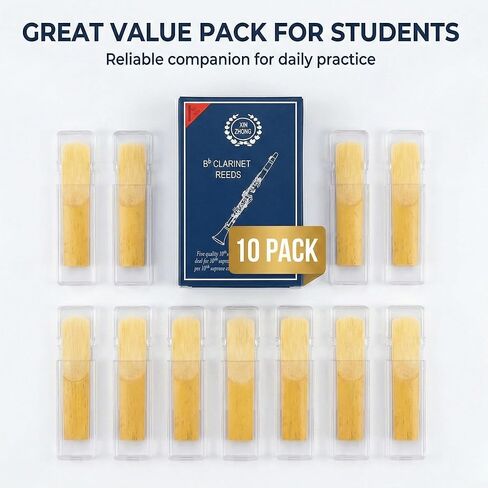Bb Clarinet Reeds Strength 2.5-10 Pack B من قصب الكلارينيت المسطحة، مغلفة بشكل فردي بحافظة بلاستيكية - نغمة احترافية واضحة، مثالية للمبتدئين والطلاب وفرقة المدرسة in Kuwait