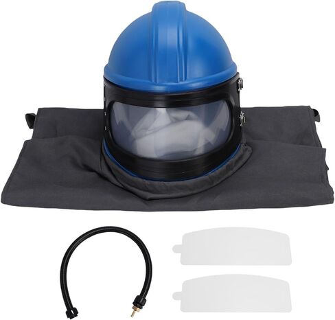 Generic مجموعة غطاء السفع الرملي خوذة واقية لتغذية الهواء للعمل الآمن على السفع الرملي مع عدسة وبدلة أزرق رمادي لعمال البناء in Kuwait