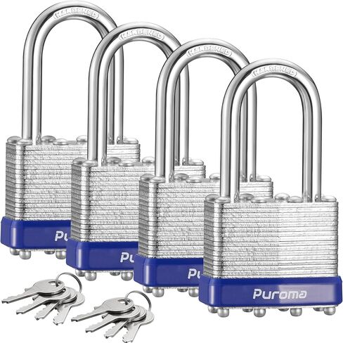 Puroma Lock 4 Pack Padlocks, 2" Long Shackle Heavy-Duty Locks with 8 Keys, 40mm Hardened Steel Keyed Alike Padlocks for Sheds, Gates, Fences, Toolbox, Outdoor and Indoor Use（Silver） in Kuwait