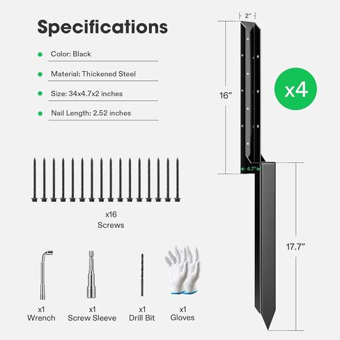 VIVOSUN Fence Post Repair Kit, Heavy-Duty Ground Spike with Gloves for Repairing Tilted or Broken Wood Posts (4 Pack, Black) in Saudi Arabia