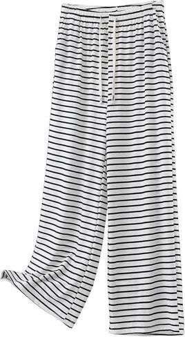 Women's Comfy Pajama Pants Drawstring Striped Palazzo Wide Leg Lounge Pant High Waist Casual Stretch Pjs Bottoms in Saudi Arabia