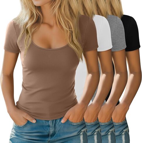 Ficerd 4 Pack Women's Scoop Neck Shorts Shorts Slim Mitted Tops Stretchy Study Disual Basic Summer Tees in Kuwait