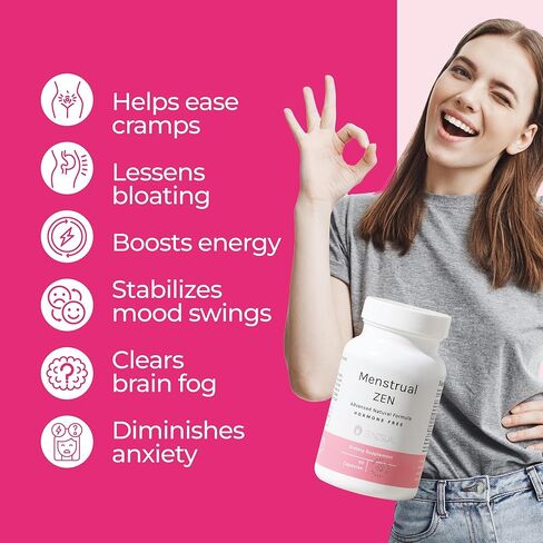 مكمل ZENZSUAL Menstrual Zen الطبيعي والخالي من الهرمونات - يدعم تشنجات الدورة الشهرية وتقلبات المزاج وآلام الدورة الشهرية - تأثير مدر للبول (90 كبسولة / 2.7 أونصة) in Kuwait