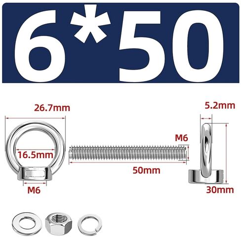 304 Stainless Steel M6 Eyebolt 3-Pack, Heavy Duty Eye Screw with Washers and Nuts for Through-Wall Mounting (M6*50 (3 Sets)) in Saudi Arabia
