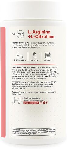 Type Zero L-Arginine + L-Citrulline Supplement (1500mg) - Nitric Oxide Booster - Clean, Keto-Friendly, GMO-Free, 180 Capsules, 90 Servings in Kuwait