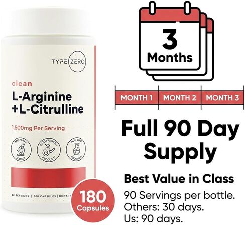 Type Zero L-Arginine + L-Citrulline Supplement (1500mg) - Nitric Oxide Booster - Clean, Keto-Friendly, GMO-Free, 180 Capsules, 90 Servings in Kuwait