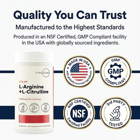 Type Zero L-Arginine + L-Citrulline Supplement (1500mg) - Nitric Oxide Booster - Clean, Keto-Friendly, GMO-Free, 180 Capsules, 90 Servings in Kuwait