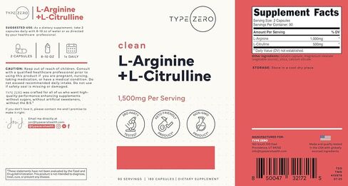 Type Zero L-Arginine + L-Citrulline Supplement (1500mg) - Nitric Oxide Booster - Clean, Keto-Friendly, GMO-Free, 180 Capsules, 90 Servings in Kuwait