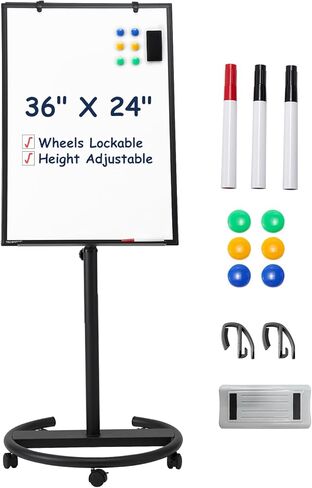 TSJ Office Mobile Whiteboard Standing - 36 × 24 بوصة لوحة بيضاء مغناطيسية ، وارتفاع لوحة بيضاء قابلة للتعديل الجافة على عجلات مع خطافات مخطط فليب in Kuwait