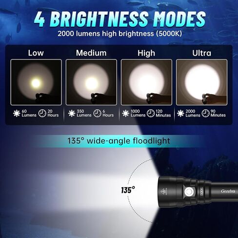 ضوء الغوص D20S، 2000 لومن مقاوم للماء تحت الماء، IPX8 مصباح يدوي للغوص، 984 قدم مصباح يدوي طويل المدى تحت الماء للغوص والغطس في كهف البحر العميق مع شاحن in Kuwait