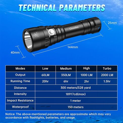 ضوء الغوص D20S، 2000 لومن مقاوم للماء تحت الماء، IPX8 مصباح يدوي للغوص، 984 قدم مصباح يدوي طويل المدى تحت الماء للغوص والغطس في كهف البحر العميق مع شاحن in Kuwait
