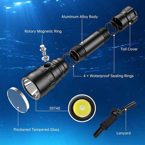 ضوء الغوص D20S، 2000 لومن مقاوم للماء تحت الماء، IPX8 مصباح يدوي للغوص، 984 قدم مصباح يدوي طويل المدى تحت الماء للغوص والغطس في كهف البحر العميق مع شاحن in Kuwait