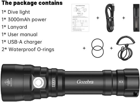 ضوء الغوص D20S، 2000 لومن مقاوم للماء تحت الماء، IPX8 مصباح يدوي للغوص، 984 قدم مصباح يدوي طويل المدى تحت الماء للغوص والغطس في كهف البحر العميق مع شاحن in Kuwait