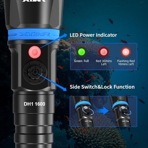 XTAR Hunter DH1 1600 Lumen Scuba Dive Light، زاوية شعاع ضيقة 5 درجات، تصميم قفل مفتاح الزر الجانبي، مع مؤشر البطارية، للغوص تحت الماء 100 متر in Saudi Arabia