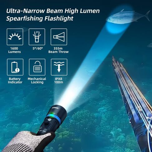 XTAR Hunter DH1 1600 Lumen Scuba Dive Light، زاوية شعاع ضيقة 5 درجات، تصميم قفل مفتاح الزر الجانبي، مع مؤشر البطارية، للغوص تحت الماء 100 متر in Saudi Arabia