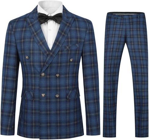 Iynnijoy Mens Double Breasted Plaid Suit Slim Fit 2-Piece Formal Jacket Tux Pants for Prom Wedding Party in Kuwait