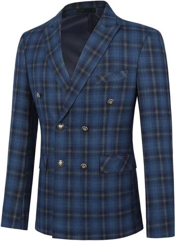 Iynnijoy Mens Double Breasted Plaid Suit Slim Fit 2-Piece Formal Jacket Tux Pants for Prom Wedding Party in Kuwait