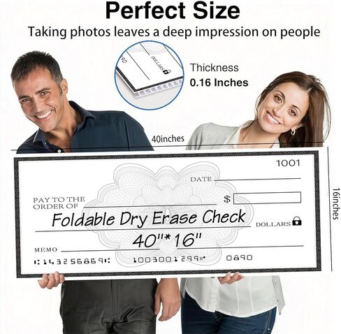 Giant Dry Erase Check - 40" x 16", Reusable Oversized Check for Presentation, Large Fake Check for Family Humor, Award Ceremonies, Charitable Donations, Various Ceremonies and Events in Saudi Arabia