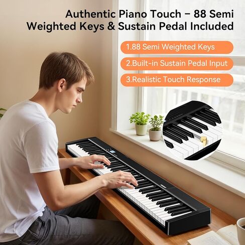 Portable Piano Keyboard 88 key: Upgraded Foldable Piano Keyboard 88 Key Full Size Semi Weighted Keyboard Support MIDI Bluetooth Foldable Keyboard Piano with Sustain Pedal Piano Bag Gift for Beginner in Kuwait