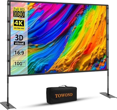 Projector Screen and Stand, Towond 120 inch Outdoor Projector Screen Indoor, Portable Movie Screen 16:9 4K Front Rear Projection Screen with Carry Bag Wrinkle-Free Design for Home Backyard Theater in Kuwait