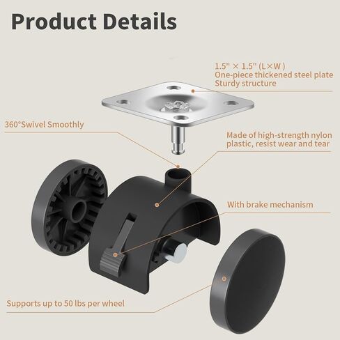 1.5" Small Nylon Plastic Plate Caster Wheels with Brake, Swivel Furniture Wheels, 50 lbs Load Capacity per Wheel, 4 Pcs in Saudi Arabia