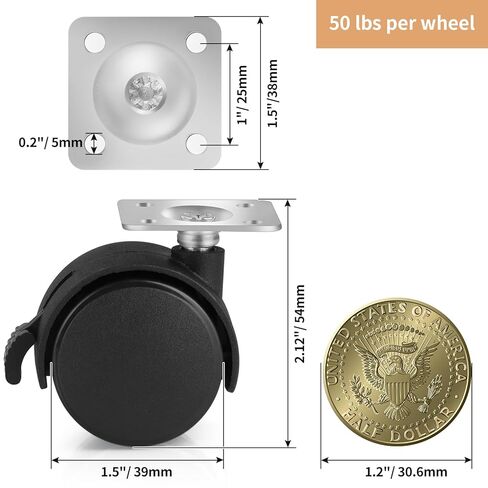 1.5" Small Nylon Plastic Plate Caster Wheels with Brake, Swivel Furniture Wheels, 50 lbs Load Capacity per Wheel, 4 Pcs in Saudi Arabia