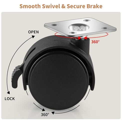 1.5" Small Nylon Plastic Plate Caster Wheels with Brake, Swivel Furniture Wheels, 50 lbs Load Capacity per Wheel, 4 Pcs in Saudi Arabia
