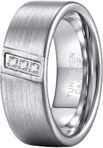 TRUMIUM 8mm Mens Wedding band Cubic Zirconia Tungsten Rings Three Stone Diagonal Diamonds Silver/Black Blue Size 7-13 in Kuwait