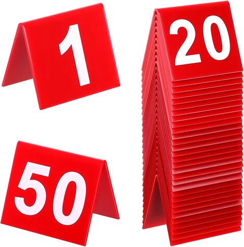 50 قطعة أرقام طاولة المطاعم 1-50، خيام أرقام الطاولة مزدوجة الجوانب، أرقام طاولات بلاستيكية حمراء لحفلات الزفاف، والولائم، والحفلات، وخدمة الطعام in Saudi Arabia