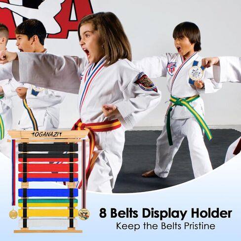 8 أحزمة رف عرض حزام الكاراتيه مع ملصقات شخصية، حامل عرض حزام التايكوندو مع رف ميدالية جانبية، حامل عرض أحزمة الفنون القتالية المرنة للتايكوندو والكاراتيه وهدايا BJJ in Kuwait