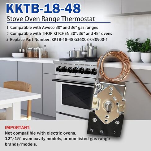2026 New Upgraded KKTB-18-48 Oven Thermostat – Replacement for Robertshaw KKTB-18-48, 5A 120VAC, Max 599°F, 48" Capillary Tube – Fits for Awoco, Forno, Thor 30/36/48" Gas Range with 18" Oven Cavity in Kuwait