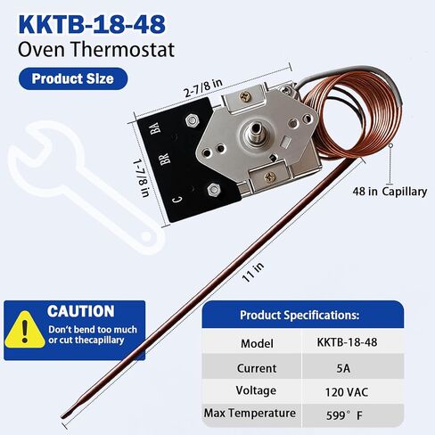 2026 New Upgraded KKTB-18-48 Oven Thermostat – Replacement for Robertshaw KKTB-18-48, 5A 120VAC, Max 599°F, 48" Capillary Tube – Fits for Awoco, Forno, Thor 30/36/48" Gas Range with 18" Oven Cavity in Kuwait