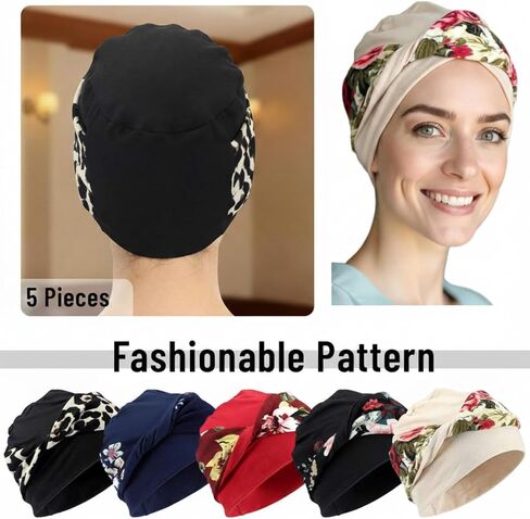 Eurzom 5 Pcs Knot Chemo Headwear for Women Flower Stretch Elastic Cancer Beanies Hats Soft Relaxed Chemotherapy Headwraps Chemo Turban Chemotherapy Head Coverings Cap for Cancer Patient Hair Loss in Saudi Arabia