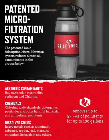ReadyWise - 28 أونصة، زجاجة تنقية مياه سيشيل، المشي لمسافات طويلة، حقيبة الظهر، زجاجة مياه للتخييم، خالية من مادة BPA، معدات ومستلزمات التحضير، رمادي/أسود in Kuwait