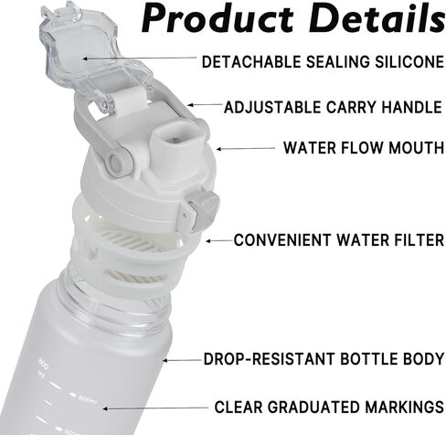 27oz Sports Water Bottle with Removable Filter, Motivational Water Bottle with Capacity Marker, Leakproof Drinking Water Bottle with Handle for Travel Fitness Gym Outdoor (White) in Saudi Arabia