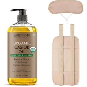 Majestic Pure Organic Castor Oil 8 Fl Oz with Reusable Wraps – Complete Castor Oil Pack Kit for Stomach & Neck – Adjustable, Organic Cotton Compress for Mess-Free Application in Kuwait