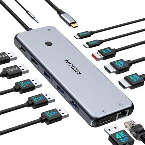 USB C Station Station Dual Swators 13 in 1 Triple Display USB C Hub لنظام التشغيل Windows مع HDMI 4K ، DP ، شاحن PD ، Gigabit Ethernet ، 5 منافذ USB ، قارئ بطاقة SD/TF ، MIC/Audio لـ Lenovo HP Dell XPS in Kuwait
