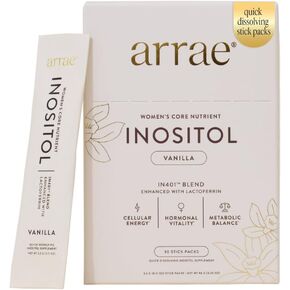 مكمل Arrae Inositol للنساء - يدعم التوازن الهرموني الصحي، والدورات المنتظمة، وصحة المبيض - 40:1 Myo & D-Chiro Raton مع اللاكتوفيرين والفولات - نكهة الفانيليا - 30 عبوة in Kuwait