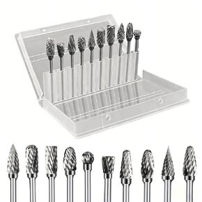 Carbide Burr Set, 10PCS Rotary Burr Bit 1/8" Shank (3mm) & 1/4"(6mm) Head Premium Tungsten Steel High Hardness Double Cut Grinding Bits for Metal, Wood, Plastic, Stone, with Storage Case in Saudi Arabia