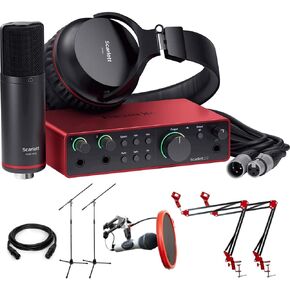 Focusrite Scarlett 2i2 Studio 4th Gen Audio Interface with Mic, Headphones Bundle with 2x Microphone Scissor Arm Stand + Pop Filter Wind Screen +2x Stand with Boom+ XLR 10' Male to Female 16AWG Cable in Kuwait