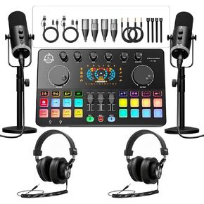 حزمة معدات البودكاست لشخصين، واجهة صوتية مع 2 ميكروفونات XLR/USB ديناميكية، 2 حامل ميكروفون سطح المكتب و2 سماعات رأس، RGB، تغيير الصوت للتسجيل الصوتي، البث الصوتي، البث، هاتف الكمبيوتر الشخصي، TikTok in Kuwait