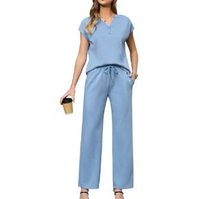 difficort Two Piece Sets for Women Summer Outfits Lounge Sets Cap Sleeve V Neck Vacation Travel Tracksuits in Kuwait