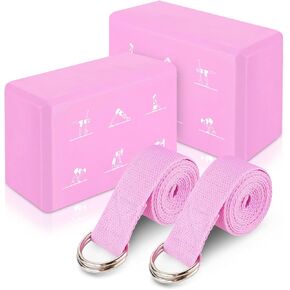 RETON 2 Pack Yoga Blocks and 2 Yoga Straps Set, Soft Non-Slip Yoga Block for Pilates, High Density EVA Foam Yoga Brick with Yoga Strap for General Fitness, Stretching, Improve Strength and Flexibility in Kuwait