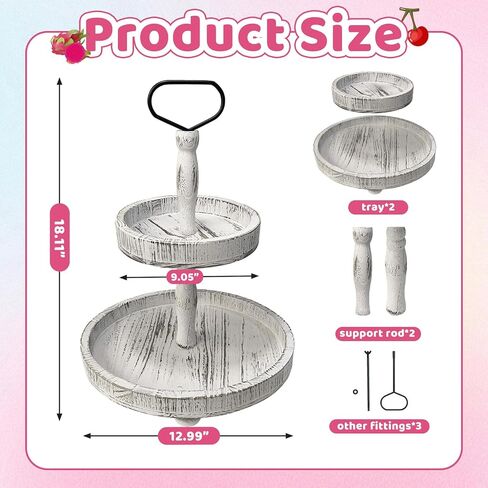 حامل صينية خشبية مستديرة بطبقتين، صينية تقديم متدرجة لمزرعة ريفية لديكور المنزل والمطبخ وبار القهوة، حامل عرض من الخشب الأبيض العتيق للحلويات والكعك والمزيد (أبيض) in Kuwait