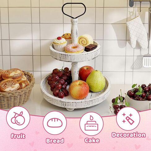 حامل صينية خشبية مستديرة بطبقتين، صينية تقديم متدرجة لمزرعة ريفية لديكور المنزل والمطبخ وبار القهوة، حامل عرض من الخشب الأبيض العتيق للحلويات والكعك والمزيد (أبيض) in Kuwait