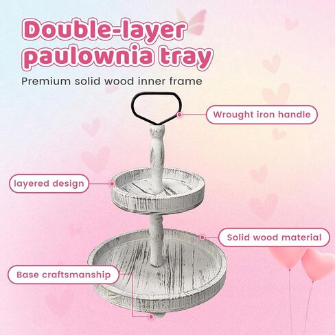 حامل صينية خشبية مستديرة بطبقتين، صينية تقديم متدرجة لمزرعة ريفية لديكور المنزل والمطبخ وبار القهوة، حامل عرض من الخشب الأبيض العتيق للحلويات والكعك والمزيد (أبيض) in Kuwait