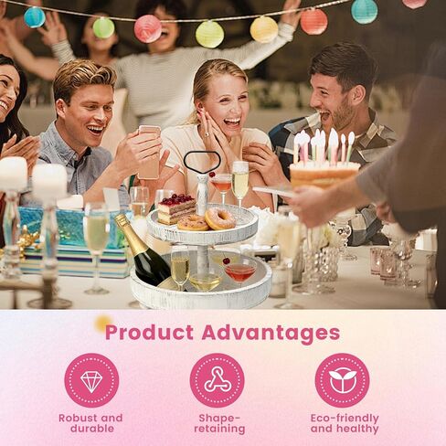 حامل صينية خشبية مستديرة بطبقتين، صينية تقديم متدرجة لمزرعة ريفية لديكور المنزل والمطبخ وبار القهوة، حامل عرض من الخشب الأبيض العتيق للحلويات والكعك والمزيد (أبيض) in Kuwait