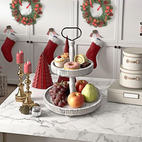 حامل صينية خشبية مستديرة بطبقتين، صينية تقديم متدرجة لمزرعة ريفية لديكور المنزل والمطبخ وبار القهوة، حامل عرض من الخشب الأبيض العتيق للحلويات والكعك والمزيد (أبيض) in Kuwait